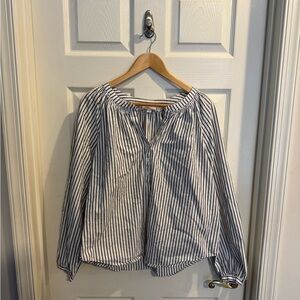 LOFT Grey and White Striped Peasant Top
